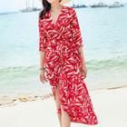 Elbow-sleeve Printed Midi Beach Dress