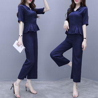 Set: Short-sleeve Peplum Top + Boot-cut Pants