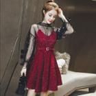 Set: Long-sleeve Beaded Sheer Top + Spaghetti Strap A-line Mini Dress