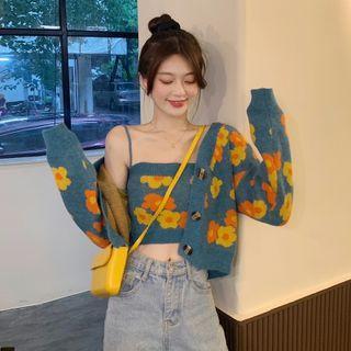 Floral Print Cropped Cardigan / Camisole Top