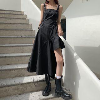 Spaghetti Strap Buckled Asymmetrical Midi A-line Dress Black - One Size