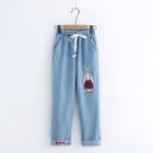 Rabbit Embroidered Drawstring Straight Cut Jeans