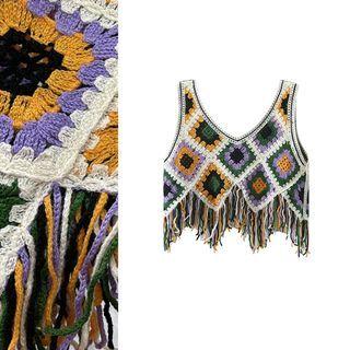 V-neck Crochet Knit Tassel Knit Vest