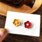 Flower Faux Pearl Asymmetrical Alloy Earring 1 Pair - S925 Silver Needle Earring - Red & Yellow - One Size
