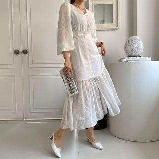 Pintuck Shirred Maxi Lace Dress