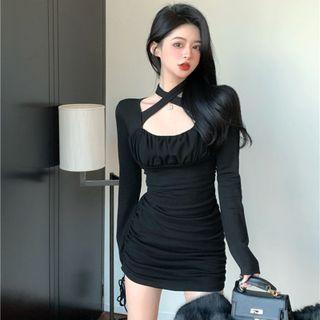 Long-sleeve Cross Strap Drawstring Mini Sheath Dress Black - One Size
