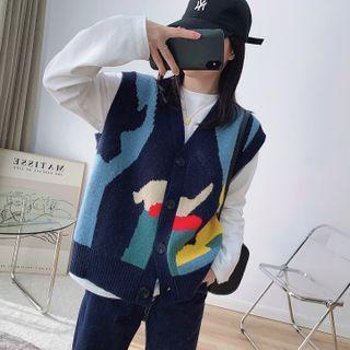 Jacquard Button-up Sweater Vest Navy Blue - One Size
