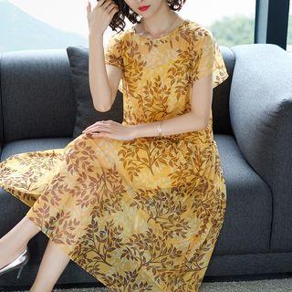 Set: Short-sleeve Leaf Print Chiffon Dress + Slipdress