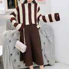 Mock-neck Color Block Sweater / Knitted Midi A-line Skirt / Set