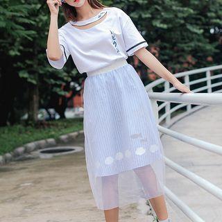 Set: Cutout Short-sleeve T-shirt + Mesh Panel Midi Skirt