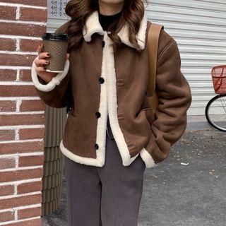 Fleece Trim Button-up Jacket Coffee - One Size