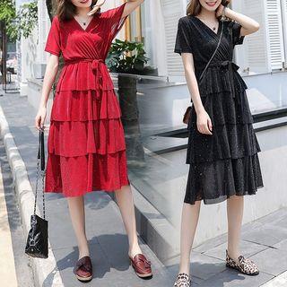 Short-sleeve Glitter A-line Tiered Dress