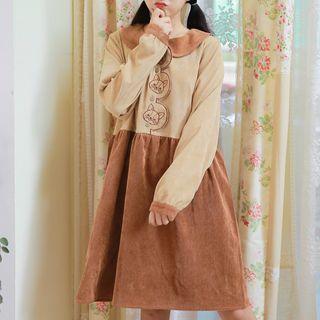 Corduroy Cat Embroidered Long-sleeve A-line Dress As Shown In Figure - One Size