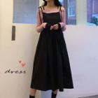 Off-shoulder Long-sleeve T-shirt / Spaghetti Strap Midi Dress