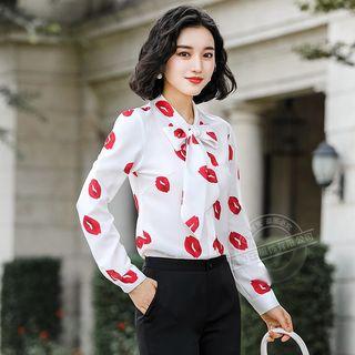 Long-sleeve Tie-neck Blouse / Boot-cut Dress Pants / Set