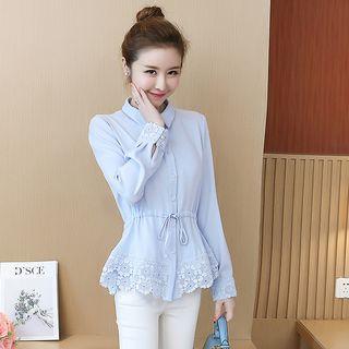 Crochet Panel Drawstring Waist Chiffon Shirt