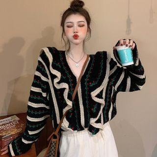 Floral Print Ruffled Cardigan Black - One Size