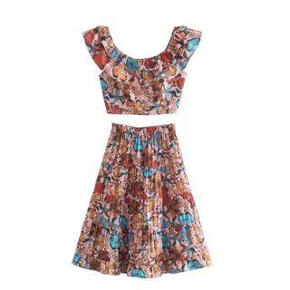 Set: Sleeveless Floral Top + Pleated A-line Skirt