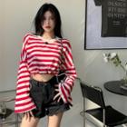 Long-sleeve Striped T-shirt Stripes - Red & White - One Size