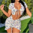 Set: Short Sleeve Floral Print Tie-front Crop Top + Ruched Mini Skirt