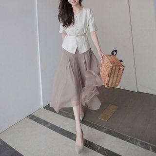 Set: Elbow-sleeve Blouse + Mesh Midi A-line Skirt