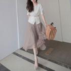 Set: Elbow-sleeve Blouse + Mesh Midi A-line Skirt