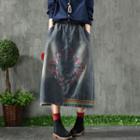 Embroidered Midi A-line Denim Skirt Monochrome - One Size