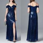 Spaghetti-strap V-neck Slit-front Sequined Evening Gown