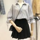 Set: Elbow-sleeve Striped Shirt + Pleated A-line Mini Skirt