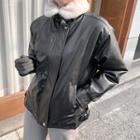 Faux-fur Trim Faux-leather Jacket Black - One Size