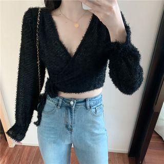 Long-sleeve Furry Wrap Knit Top