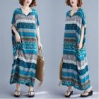 Elbow-sleeve Pattern Paneled Maxi Dress As Shown In Figure - One Size
