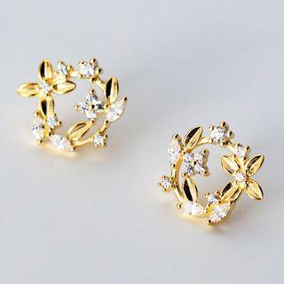 925 Sterling Silver Rhinestone Branches Hoop Earring 1 Pair - Gold - One Size