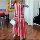 Color Block Striped Ruffle-trim Strappy Dress Red - One Size
