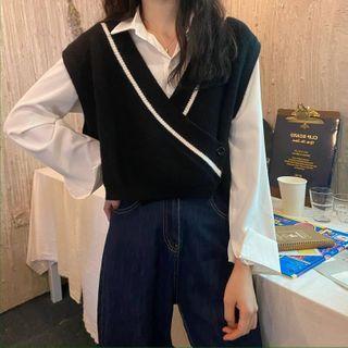 Contrast Trim V-neck Knit Vest / Plain Shirt