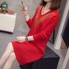 Embellished V-neck A-line Sweater Dress