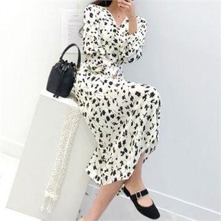 Surplice-neck Floral Long Dress With Sash