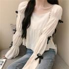 Ribbon Puff-sleeve Blouse Almond - One Size