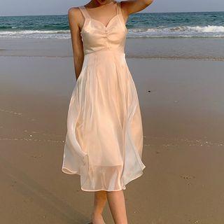 Wide Strap Plain Midi A-line Dress