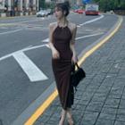 Halter-neck Plain Slim-fit Dress Coffee - One Size