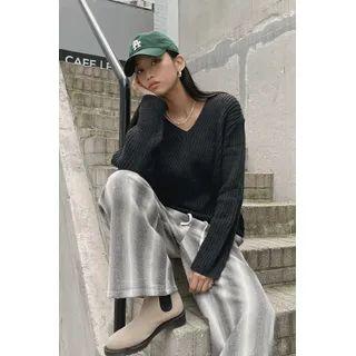 V-neck Ribbed Wool Blend Sweater