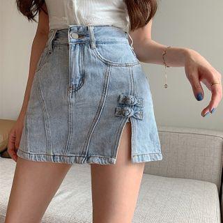 Slit High-waist Mini Pencil Denim Skort