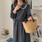 Long-sleeve Collared Floral Print Maxi A-line Dress