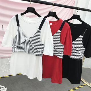 Set: Striped V-neck Camisole Top + Plain Long T-shirt