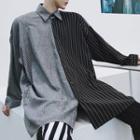 Two-tone Stripe Boxy Long-sleeve Shirt Stripes - Gray & Black - One Size