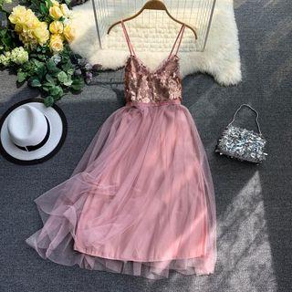 Spaghetti Strap Sequined Mesh Overlay Midi Dress