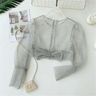 Rhinestone Bow Dotted Cropped Mesh Blouse