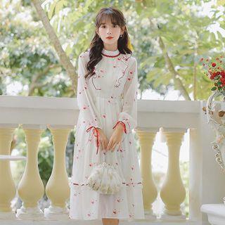 Long-sleeve Butterfly Print A-line Chiffon Dress