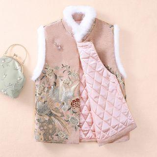 Mandarin Collar Fluffy Trim Jacquard Padded Vest