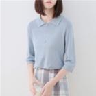 3/4-sleeve Collared Knit Top